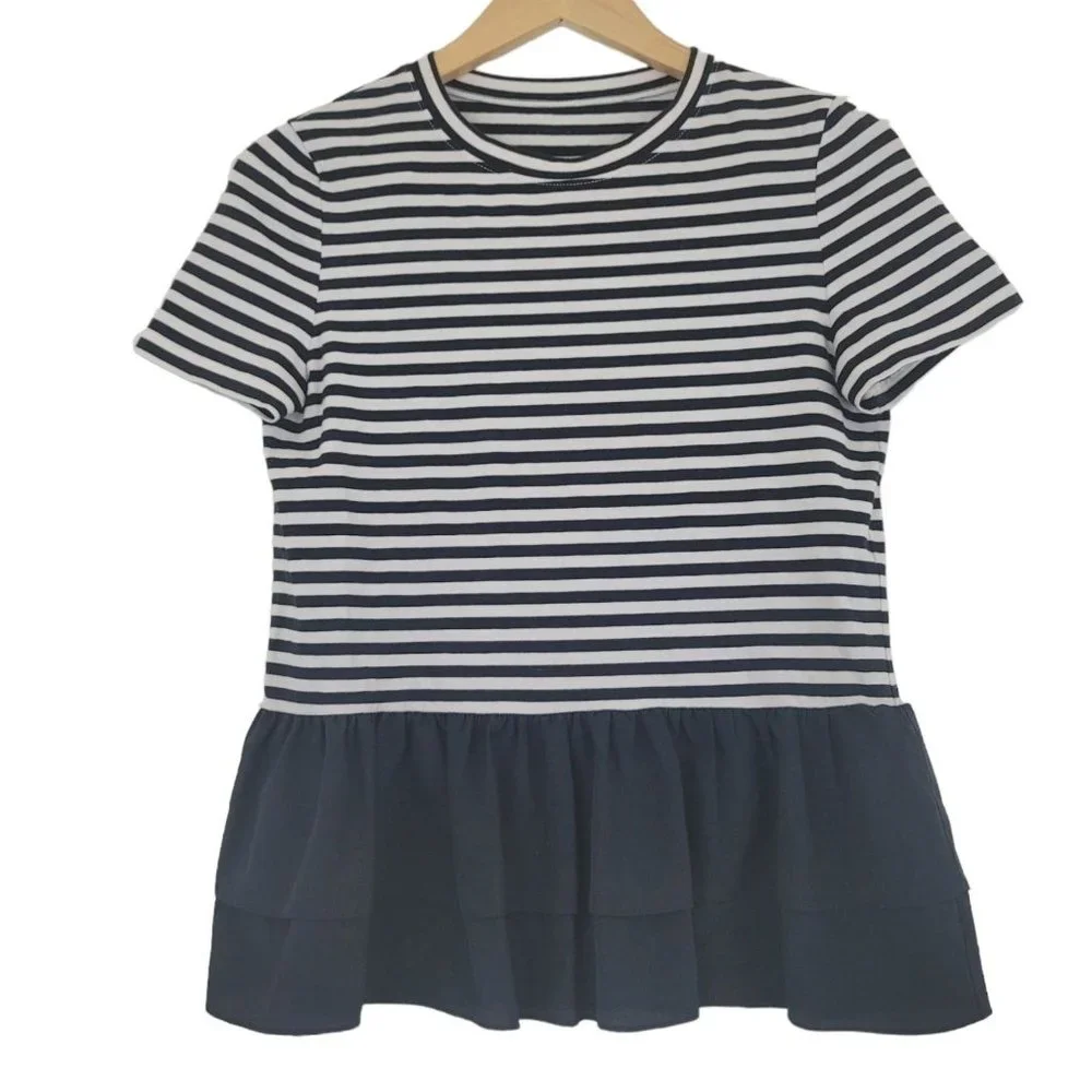 Kate Spade Broome Street Sz Small Striped Tiered Ruffle Peplum Top Black & White - Picture 11 of 11